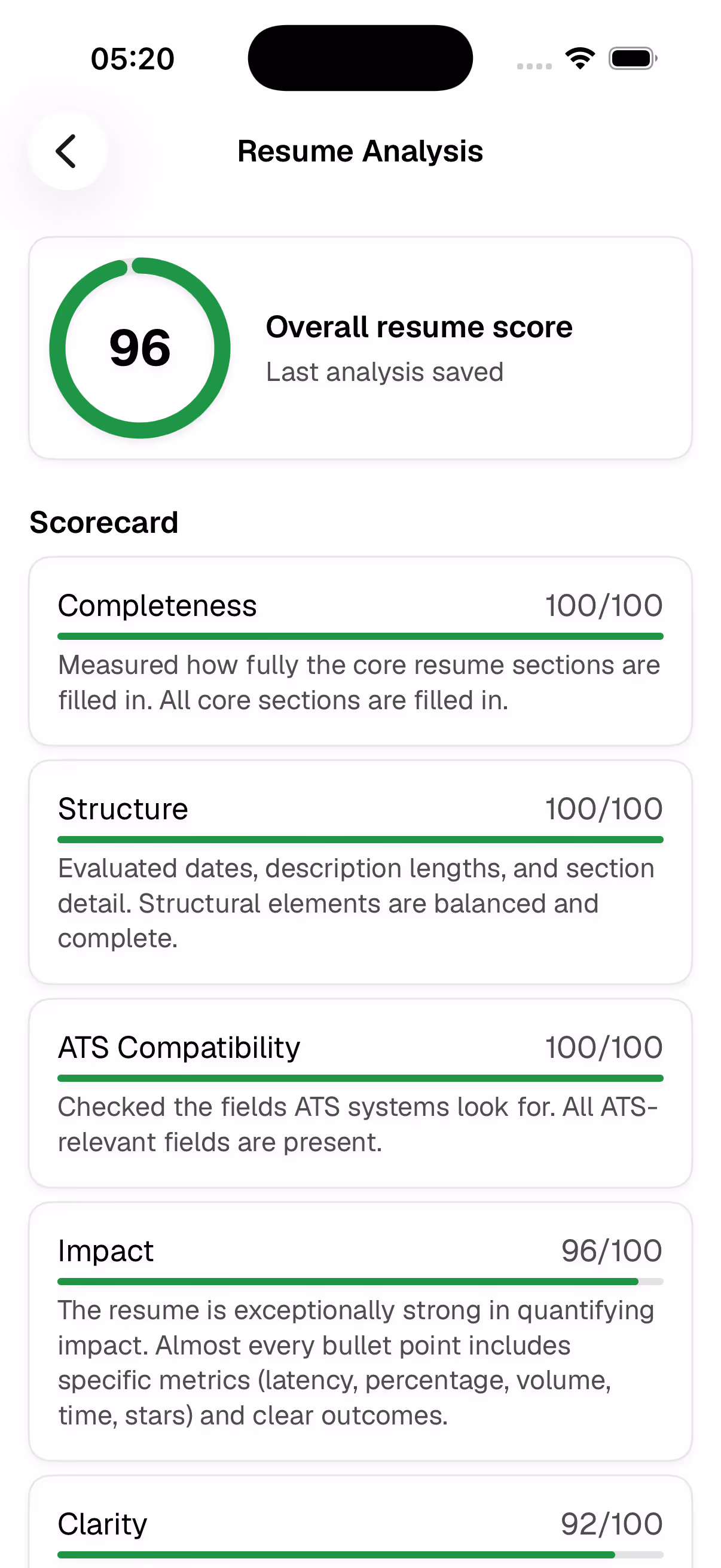 Rung analysis screen showing a resume score with a list of findings and fixes