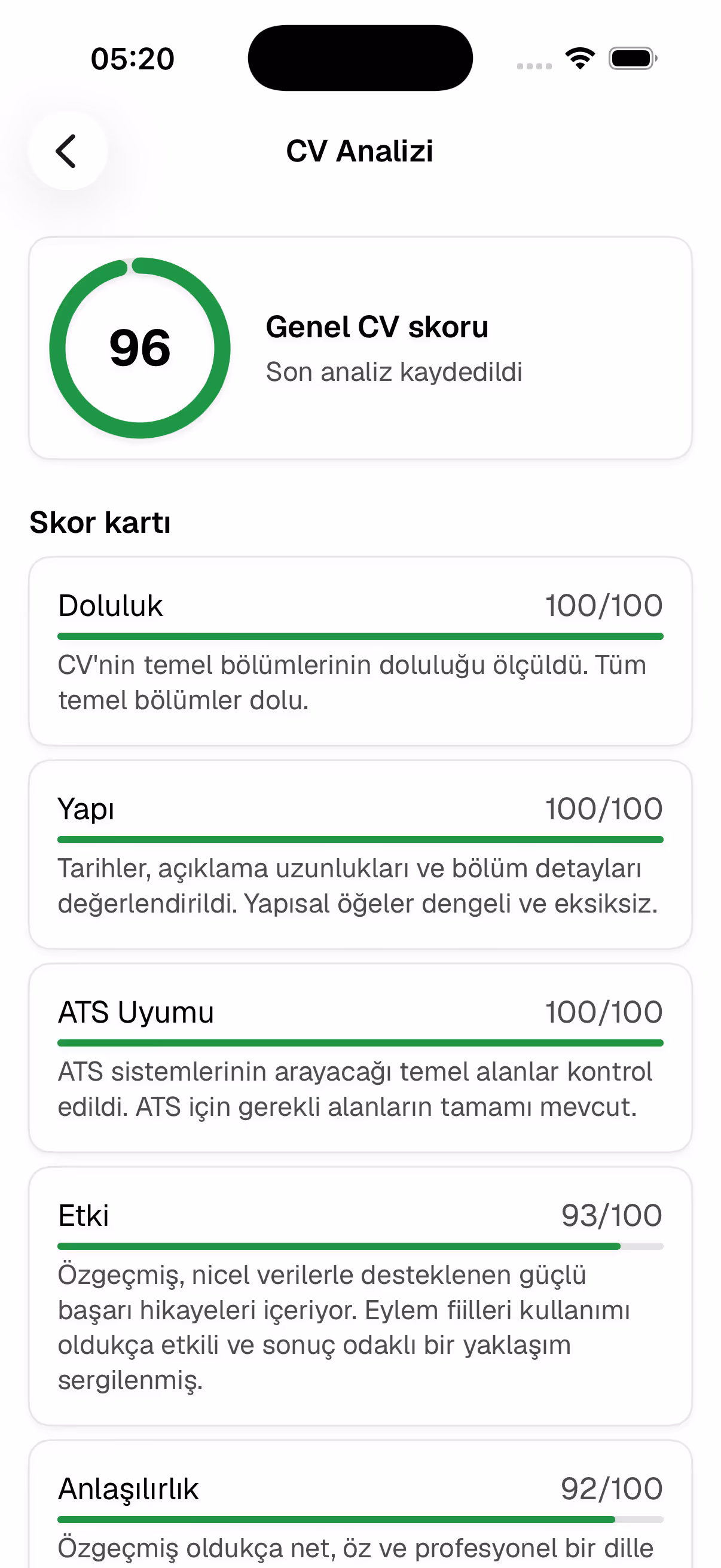 Rung analiz ekranı: CV puanı ve bulgu listesi