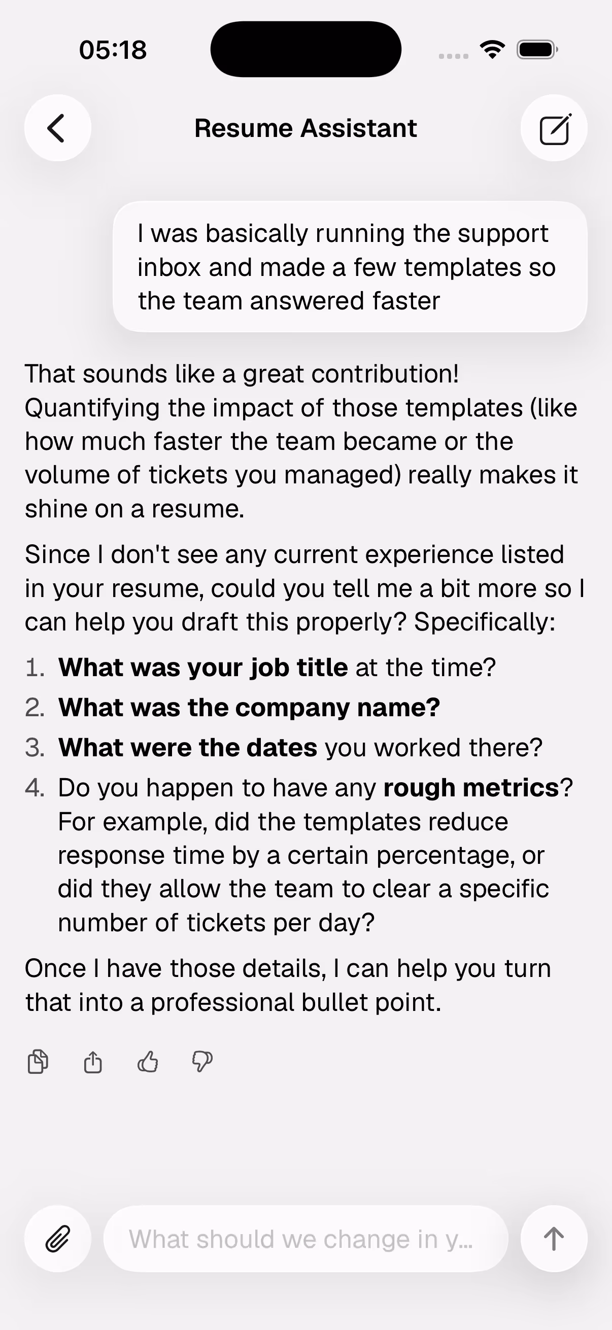 Rung chat screen where the AI writes a resume section from a plain-language description