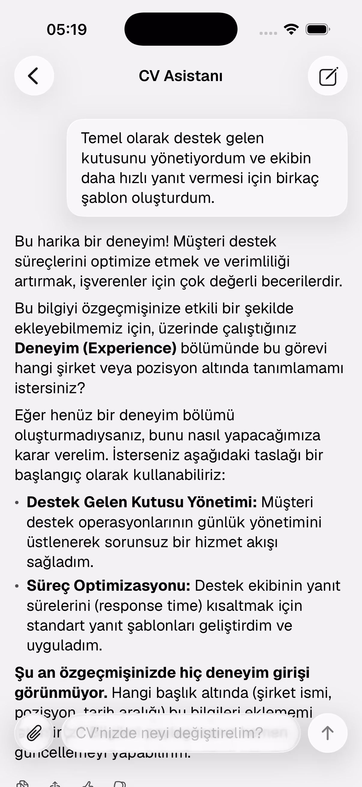 Rung sohbet ekranı: AI, düz anlatımdan CV bölümü yazıyor